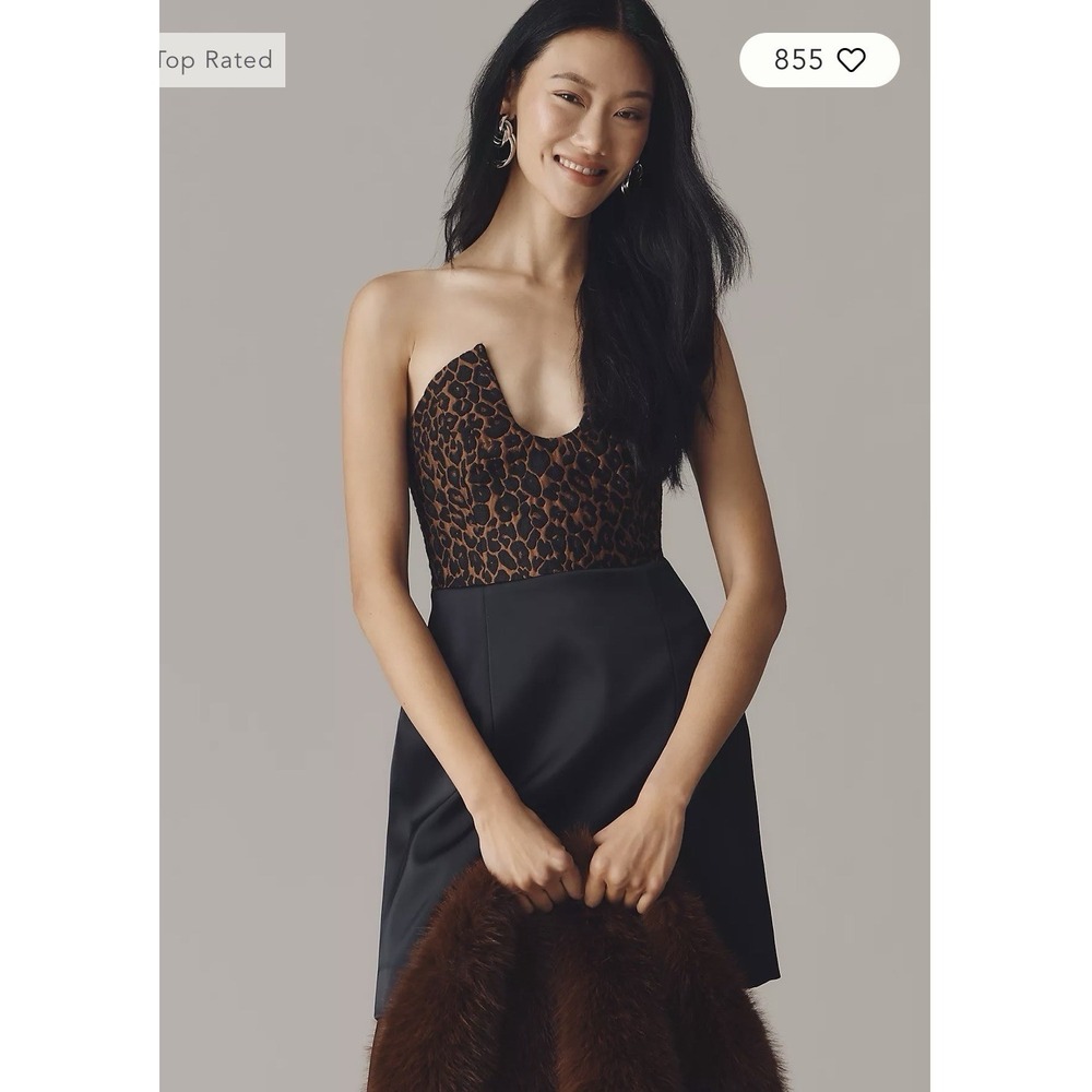 NWT Maeve Cheetah Bustier  U Notch Plunge Mini‎ Satin Dress S